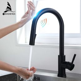 Pull Out Black Sensor Kitchen Faucets Stainless Steel Smart Induction Mixed Tap Touch Control Sink Tap Torneira De KH1005R 210724