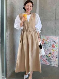 Korean Chic Simple Temperament O Neck Loose Women Dresses Korea Style Laides V Sleeveless Khaki Robe 16W74704 210510
