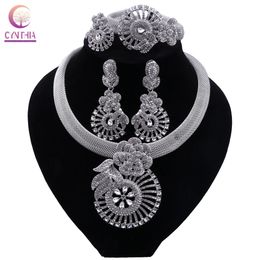 Women Silver Plated Necklace Bracelet Jewellery Sets Crystal Earrings Ring Classic Wedding Flower Jewellry Set for Bride