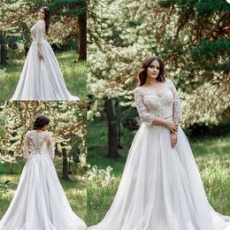 2021 A Line Wedding Dresses Plus Size Bridal Gowns Illusion Bodice Covered Button Crystal Applique Beads Vestios De Novia