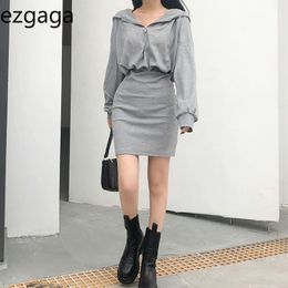 Ezgaga Woman Dress Autumn Casual Gray Zipper High Waist Long Sleeve Dresses Hooded Solid Mini Bodycon Dress Office Lady Elegant 210430