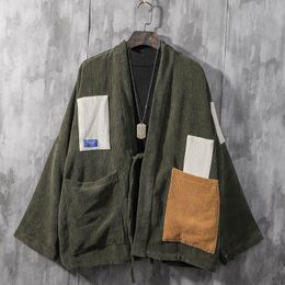 Corduroy Men Kimono Coat Patchwork Jacket Loose Pocket Cardigan Outwear Couple Men's Clothing Robe Japanese-Style Retro Trench Coats