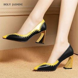Spring Natural Genuine Leather Women High Heels Mixed Colors Fashion Sexy Shoes Girls Party 211011