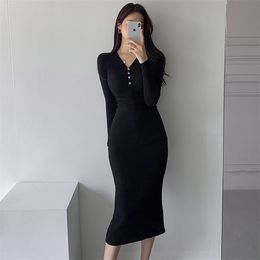 Solid Ribbed Knit V Neck Long Sleeve Sweater Winter Dresses For Women Autumn Bodycon Lady Sheath Party Dress Vestidos 210510