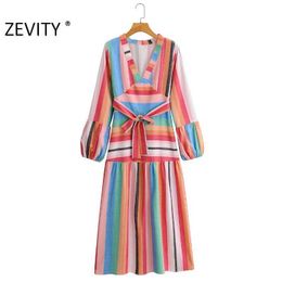 Zevity Women Vintage V Neck Colourful Striped Print Patchwork Bow Sashes Midi Dress Female Vacation Style Chic Vestido DS4591 210603