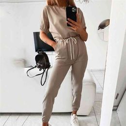 Jumpsuits Pockets Casual Home Two piece Summer Solid Colour Puff Sleeve Short 2-Piece Set rompers womens jumpsuit 210508