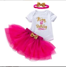 Cute Baby girl birthday outfits 1st 2nd 1/2 Birthday party clothes Letter Romper tutu skirt Sequins Bow headband 3pcs/set Boutique