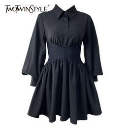 Temperament Black Mini Dress For Women Lapel Long Sleeve High Waist Elegant Dresses Female Fashion Clothing 210520