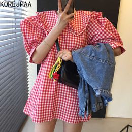 Korejpaa Women Dress Summer Korean Chic Girls Western Style Young Ears Doll Collar Wide Loose Puff Sleeve Plaid Vestidos 210526