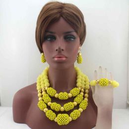 Earrings & Necklace African Yellow Beads Jewellery Set 3 Layers Pendant Statement W13621