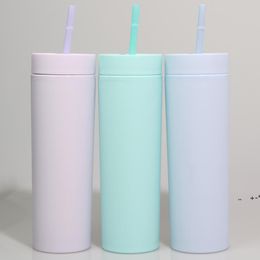 16oz Acrylic Tumblers Matte Colours Double Wall 500ml Tumbler Coffee Drinking Plastic Sippy Cup With Lid Straws SEAWAY CCF9781