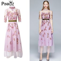 flower embroidery midi dress pink stand collar mesh patchwork summer casual high waist birthday party dresses lady robe 210421