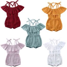Pudcoco US Stock 0-24M Baby Girls Summer Off Shoulder Romper Clothes Solid Cotton Infant Sleeveless Playsuits Sunsuits Outfits G1221