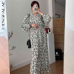 Autumn Women's Loose Casual Round Neck Long Sleeve Over Knee Printed Floral A-Line Dress Female 8Q284 210427