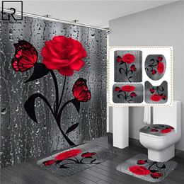 5 Colors Rose Print 3D Shower Curtain Waterproof Polyester Bathroom Curtain Anti-slip Bath Mat Set Toilet Rugs Carpet Home Decor 210609