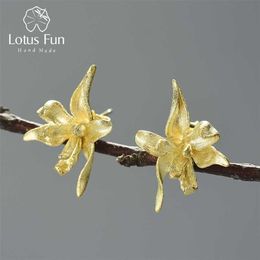 lotus flower earrings NZ - Lotus Fun Elegant Iris Flower Stud Earrings Real 925 Sterling Silver 18K Gold for Women Handmade Designer Fine Jewelry 211013