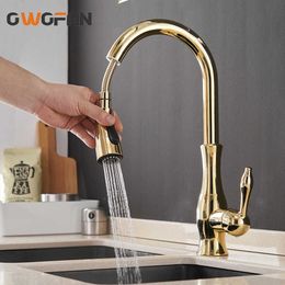 Gold Kitchen Faucet, Single Handle Silver Kitchen Faucets Pull Out Single Hole Kitchen Faucet Swivel Degree Water Mixer N22-019 210724