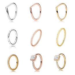 925 Sterling Silver Ring Charms Rose Gold Heart Round Crystal Square Cz Finger Ring For Women Party Jewelry X0715