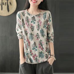 Spring Autumn Arts Style Women Long Sleeve O-neck Tee Shirt Femme Tops Vintage Print Cotton Knitted T-shirt High Quality M516 210512