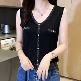 shiny lurex Knitted Tank top Women Blouse V neck sexy Sleeveless sweater vest Female slim top button Oversized pullover 210604