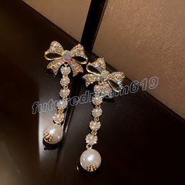 Big Bow Pearls Drop Dangle Earrings Gold Color Rhinestone Tassel Crystal Long Earrings Women Wedding Jewelry Accessories 2022