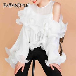 Casual White Patchwork Ruffle Shirts For Women O Neck Long Sleeve One Off Shoulder Blouses Female Spring Style 210520