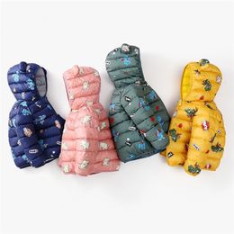 Arrival Winter Baby Toddler Animal Dinosaur Pattern Polka dots Stars print Hooded Down Coat Clothes 210528