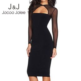 Jocoo Jolee Elegant Black Mesh Long Sleeve Patchwork Bodycon Dress Sexy Office Lady Cotton Slim Dress Party Night Club Dress 210518