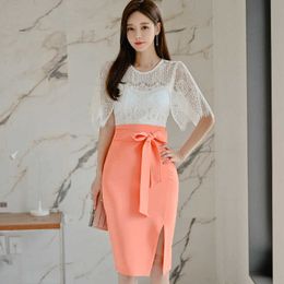 Fashion Women Work Wear 2 Pieces Set Sexy Hollow out short sleeve Lace shirt crop Top&Bow Lace-up Split Sheath Pencil Skirt 210529