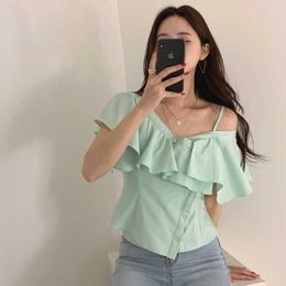 Sexy Chic Korean Summer Off Shoulder Skew Collar Blouse Women Ruffled Irregular Cropped Shirt Tops Blusas Mujer Fresh Sweet 210610