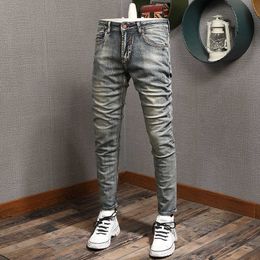 Italian Style Fashion Men Jeans High Quality Retro Vintage Designer Ripped for Slim Fit Elastic Cotton Denim Pants G15V