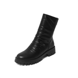 Womens Round Toe Ankle Boots Platform Matte Black White Pleated Chunky Heels Loose Boots Back Zipper Comfortable Swag