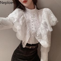 Women's Blouses & Shirts Neploe Temperament Women Chic Heavy Lace Crochet Floral Vinatge Stand Neck Puff Sleeve Tops Korean Elegant Blusas