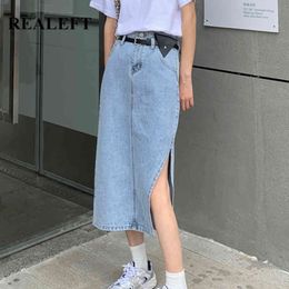 Spring Summer Women Long Denim Skirts with Belted Vintage High Wasit Jeans Side Split A-line Female 210428