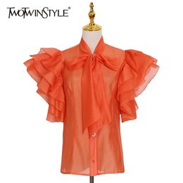 Elegant Patchwork Ruffle Shirt For Women Bow Collar Short Sleeve Casual Solid Blouse Female Fashion Clothing 210524
