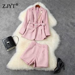 Elegant Lady Office Two Piece Outfits Autumn Winter Fashion Lace Up Turn Down Collar Blazer and Shorts Suit Sets 210601