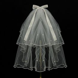 Elegant Short Wedding Veil Bridal Veils Accessories Tulle with Pearls Bow 70cm