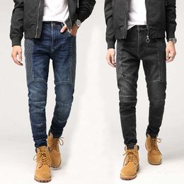 American Street Style Fashion Men Jeans Elastic Slim Fit Spliced Designer Biker Retro Black Hip Hop Denim Punk Pants
