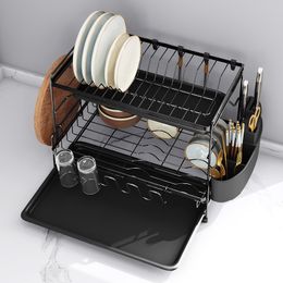 Dish Drying Rack with Drainboard Drainer Kitchen Light Duty Countertop Utensil Organizer Storage for Home Black White 2-Tier