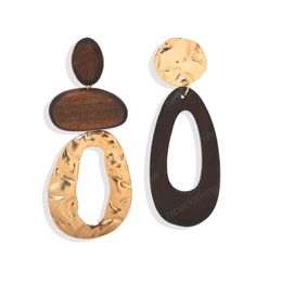 Vintage Patchwork Asymmetric Dangle Earrings for Women Handmade Wooden Spliced Metal Pendant Earring Jewellery