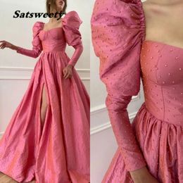 Rosa Perlen Abendkleider Mit Langen Ärmeln Und Split Open Rock Partykleid Taft Puffy Abendkleid Vestidos Robe De Soiree