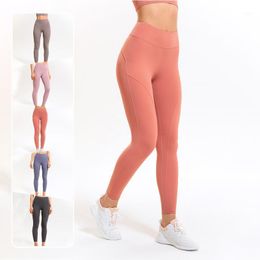 Yoga Outfit INS Double-Sided Brocade Nude Feel Pants Women's European And American High Waist Peach Hip Lifting Tights