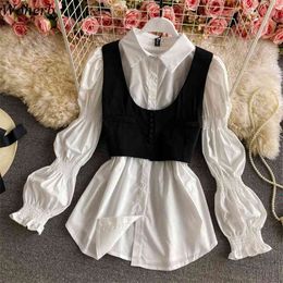 Black Vest + Long Puff Sleeve White Blouse Women Two Peices Set Korean Chic Outfits Spring Summer Casual Suit Femme 210519