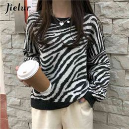 Jielur O-Neck Women's Sweater Loose Pullovers Ladies Soft Striped Zebra Chic Korean Knitted Sweaters Casual Tops Winter Harajuku 210914