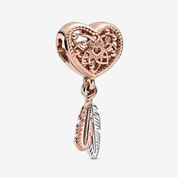 100% 925 Sterling Silver Openwork Heart & Two Feathers Dreamcatcher Charm Fit pandora Original European Charm Bracelet Fashion Jewelry Accessories