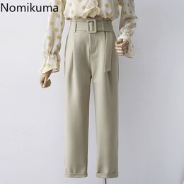 Nomikuma Solid Color High Waist Ankle Length Suit Pants Women Sash Lace Up Straight Loose Trousers Pantalones 3a807 210514
