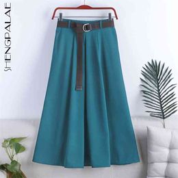 elegant A-type high waist thin skirt women's spring solid Colour pleated belt mid length female 5C161 210427