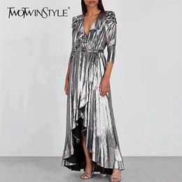 Ruffle Elegant Dress For Women V Neck Long Sleeve High Waist Dresses Female Autumn Plus Size Fashion 210520