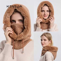 Winter Fur Cap Mask Set Hooded for Women Knitted Cashmere Neck Warm Russia Outdoor Ski Windproof Hat Thick Plush Fluffy Beanies 211228