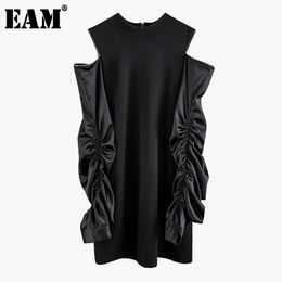[EAM] Women Black Zipper Pleated Off Shouder Dress Stand Collar Long Sleeve Loose Fit Fashion Spring Autumn 1N069 21512